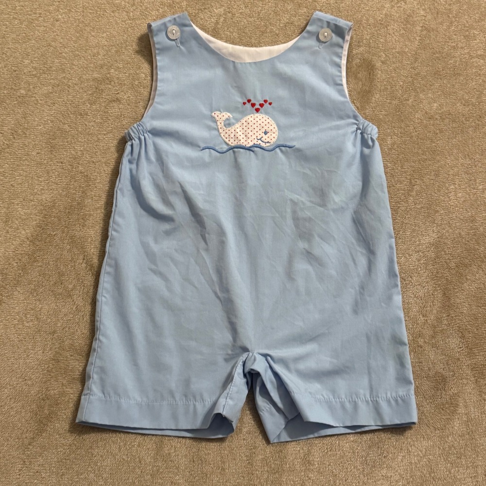 Little English Baby Boy Blue Whale Jon Jon Romper 12M